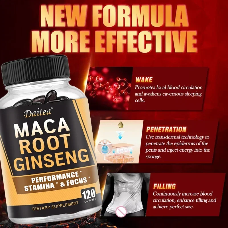 Daitea Maca Root 10,000 Mg (Yellow, Red, Black) + Ginseng Extract 1,400 Mg - Energy, Muscle Growth, 120 Vegetarian Capsules