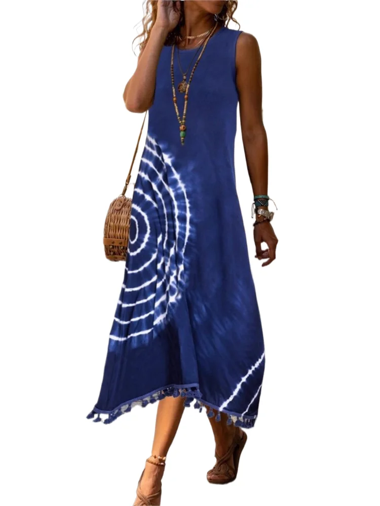 

Casual Sleeveless Print Dress For Women Fashion O Neck Pullover Loose Dresses Lady Elegant Boho Holiday Skirt Robe Femme Summer