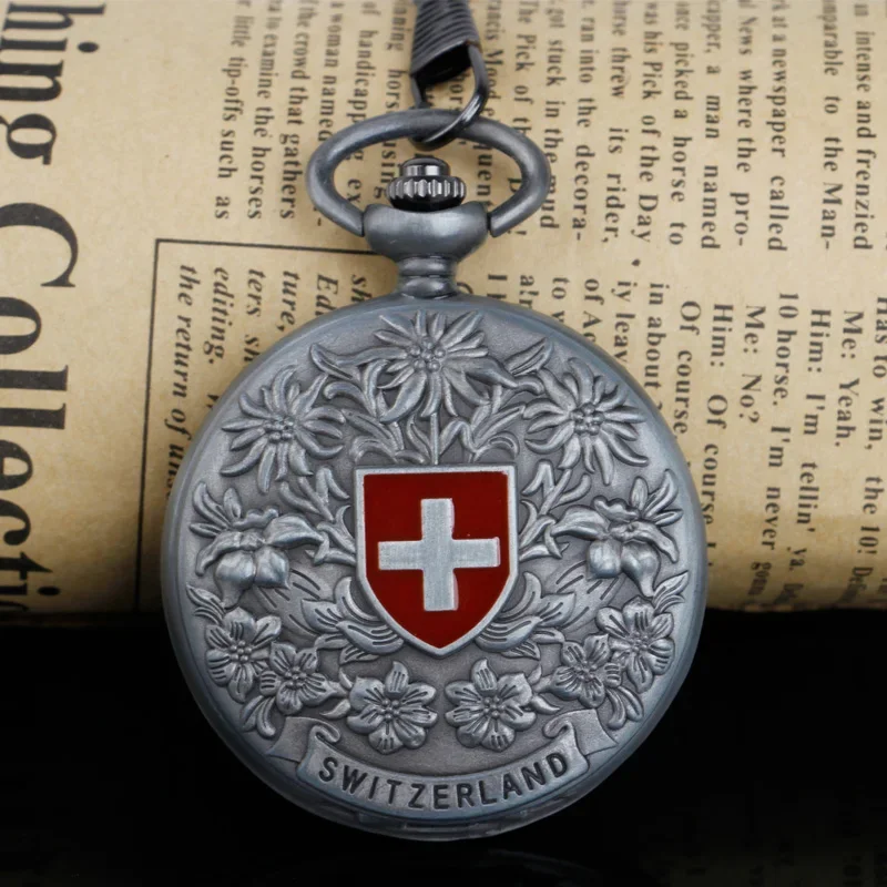 Antique Red cross Hollow Hand Wind Mechanical Pocket Watch Men's and Women Grey  Tone for Birthday Gift PJX1020