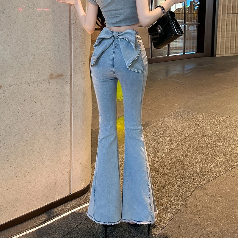 

Винтажные джинсы-колокольчики с высокой талией и бантом, женские повседневные джинсовые брюки с узлом для похудения, уличная одежда с подтяжкой бедер