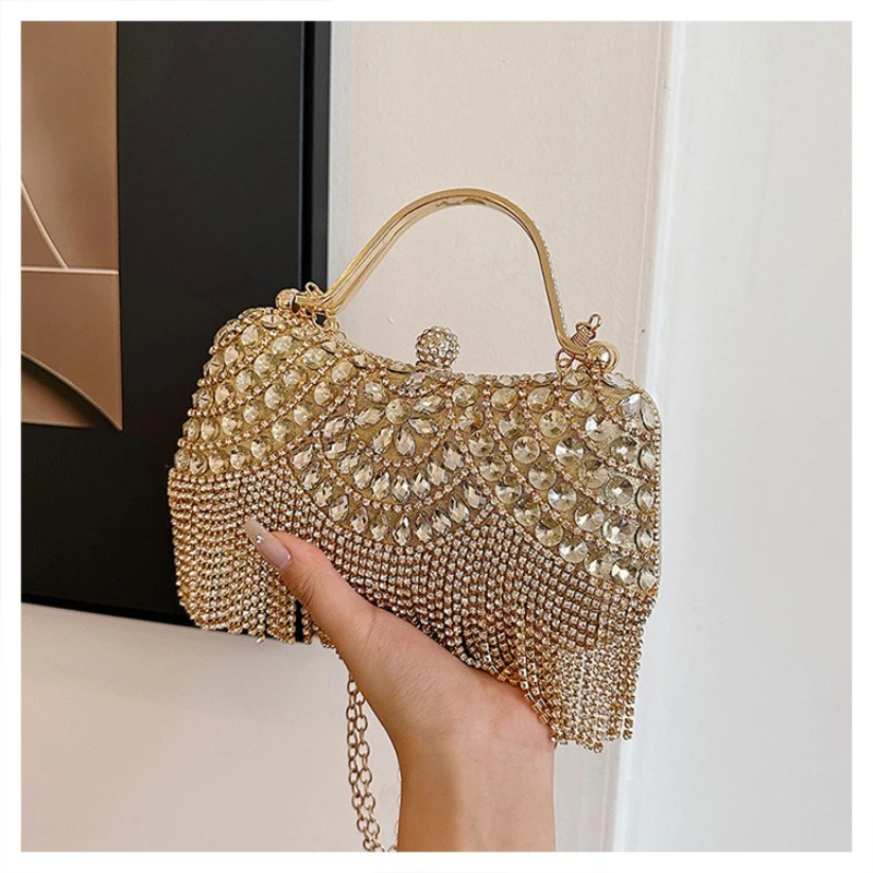 Women Hand Bag Rhinestone dinner bag, tassel hand-held banquet bag, fashionable socialite evening gown, single shoulder slanted