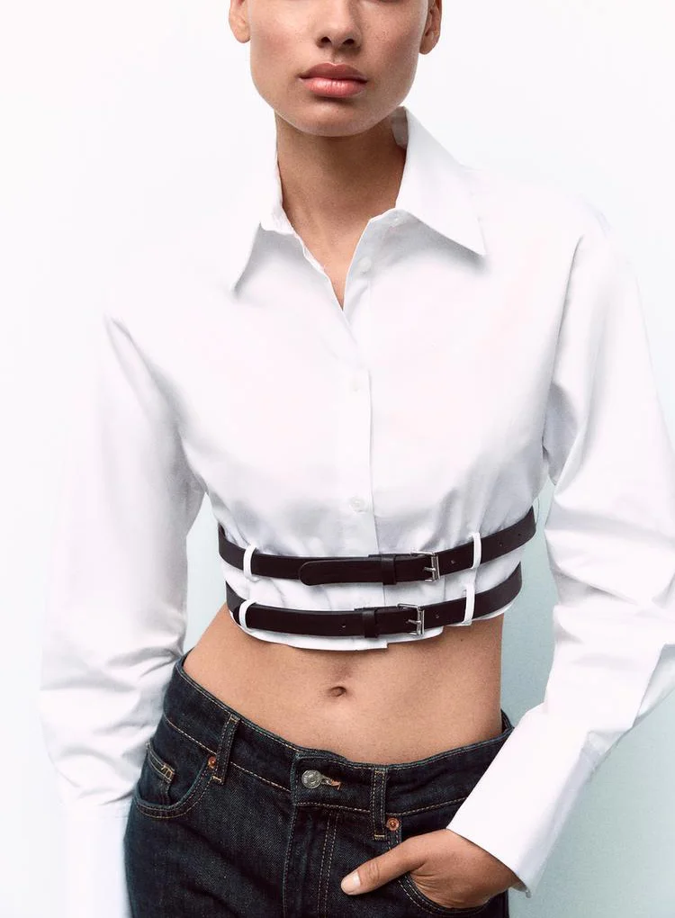 เสื้อผ้าแฟชั่นสำหรับผู้หญิง คอลเลคชั่นฤดูใบไม้ร่วง ดีไซน์เข็มขัดรัดเอว แขนยาว คอปก ผ้าโพลีเอสเตอร์