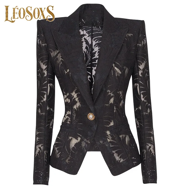LEOSOXS Women's Black Lace Blazer Botanical Pattern Embellished Button Slim Fit For Evening Party Chic Stylish Occasions 2025
