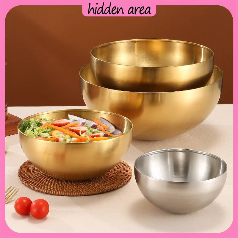 Stainless steel cold noodles bowl Korean tableware home mix rice bowl Gold large dish bowl Fruit bowl Salad bowl