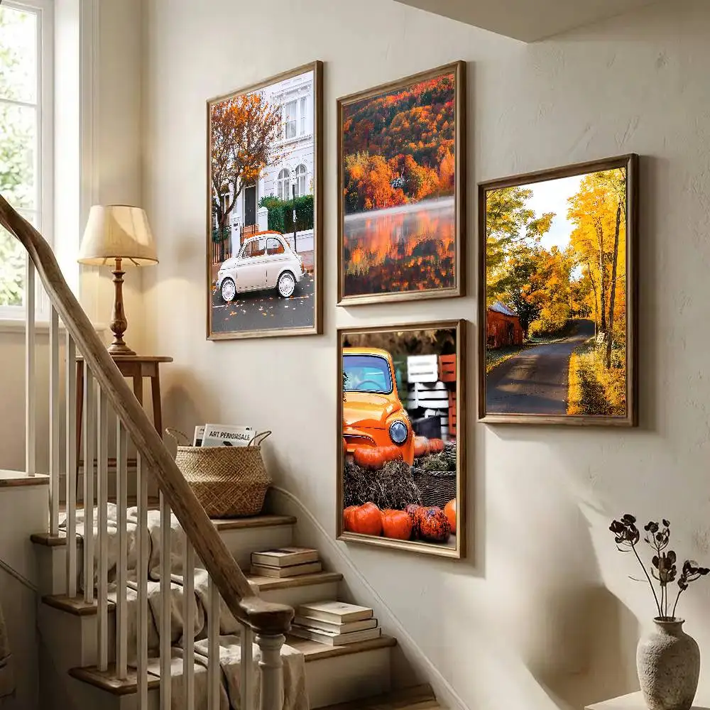 Yellow Fallen Leaves Pumpkin Squirrel Car Lookout Poster Art With Prints Home Bedroom Living Room Decoration Gift
