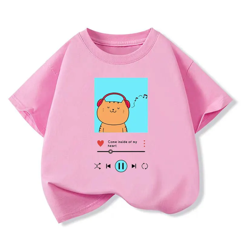 Cat listening To Music T-shirt for Girls Cotton Kids T Shirt Trend Children Casual Clothes Teen Baby Girl Y2K Tops  8 10 12Years