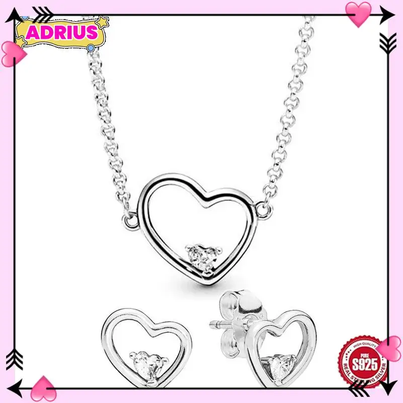 

Authentic 925 Sterling Silver Asymmetric Hearts of Love Earring Necklace With Crystal For Women Jewelry Set Gift