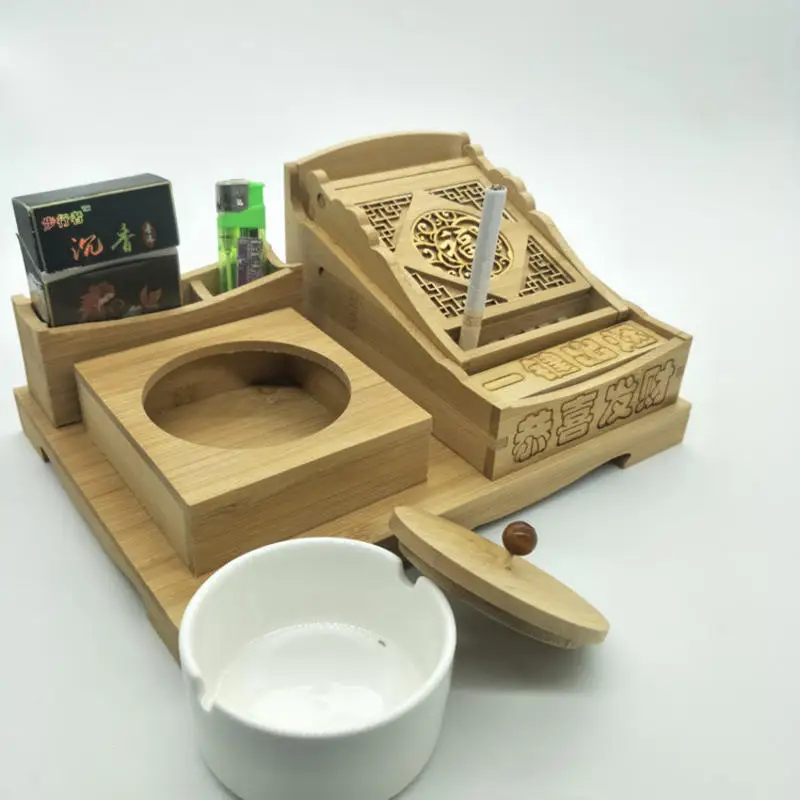 Creative Bamboo Production Press Eject Cigarettes Press To Pop Out The Cigarette Case Box Ceramic Ashtray With Lid