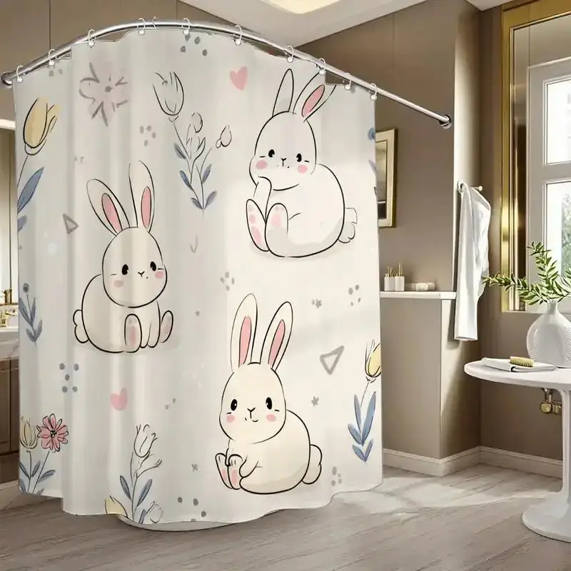 

super cute sitting rabbits with flowers and plants pattern shower curtain for kids bathroom decor nursery room home decoration
