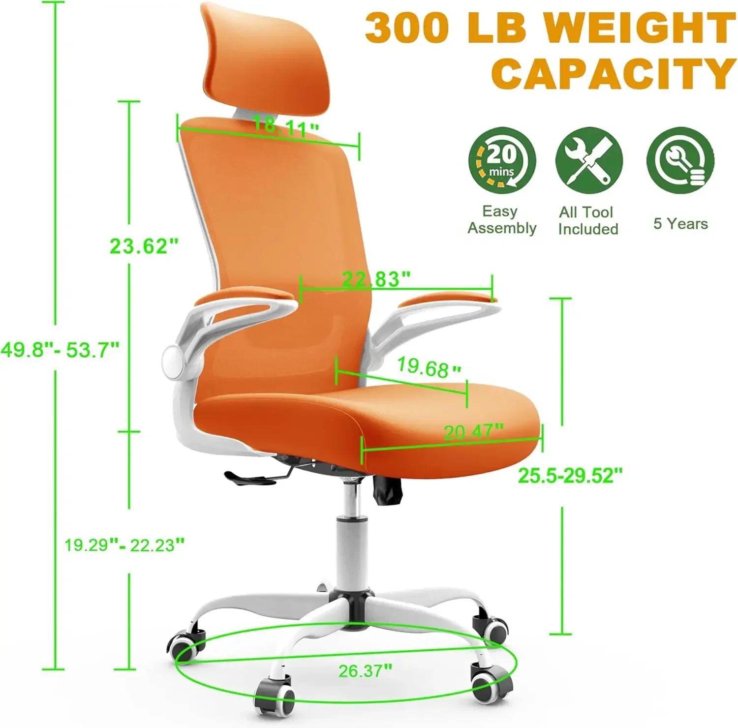 Office Chair, High Back Ergonomic Desk Chair with Adjustable Lumbar Support and Headrest, Swivel Task Chair with flip-u