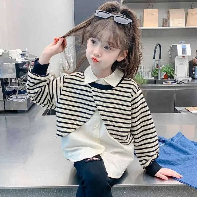 

Girl's Shirt Spring and Autumn New Style Children's Western Striped Long Sleeve Fake Two piece Collar Shirt