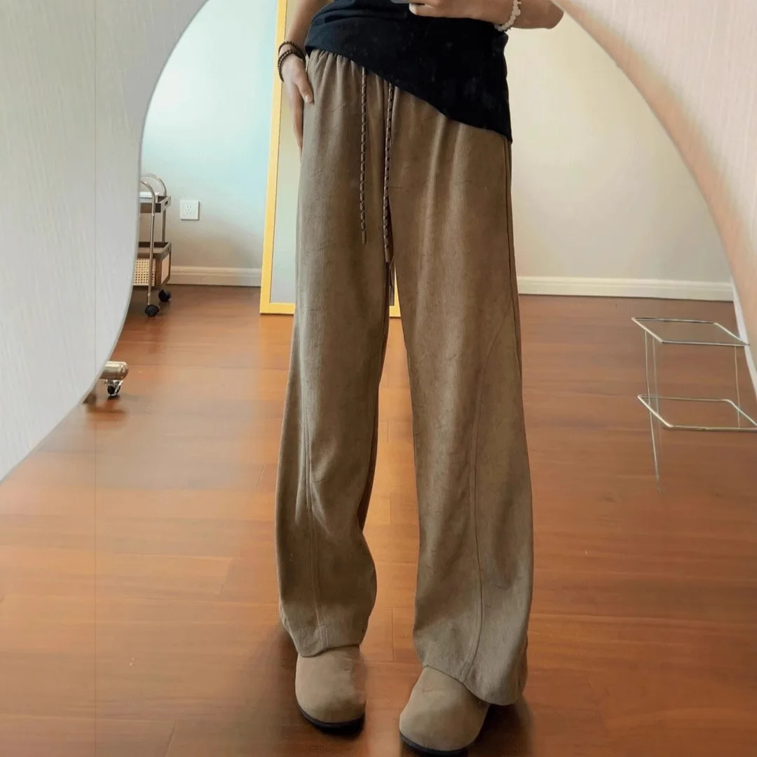 Men's Khaki Dark Pattern Diagonal Cut Scimitar Cargo Pants American Corduroy Sweatpants Drape Sports Elastic Waist Pants