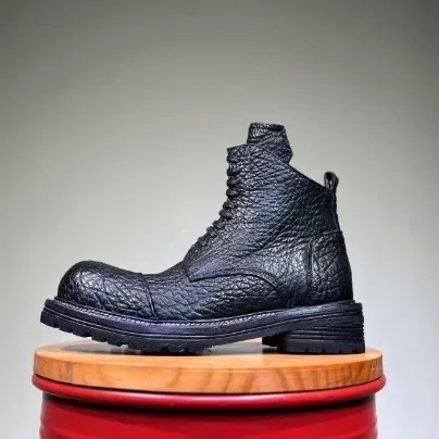 New Wild Cowhide Desert Boots Mid Top Handmade Men's Leather Boots with Raised Height Thick Sole Round Toe Retro Style