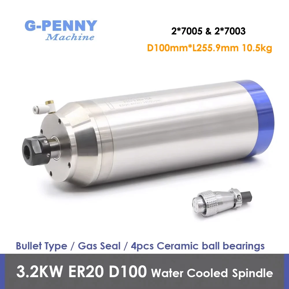 G-penny 3.2kw ER20 Granite Working Spindle Motor Water Cooling Gas Nozzle Bullet Type 220v /380v  4pcs Ceramic Ball Bearings