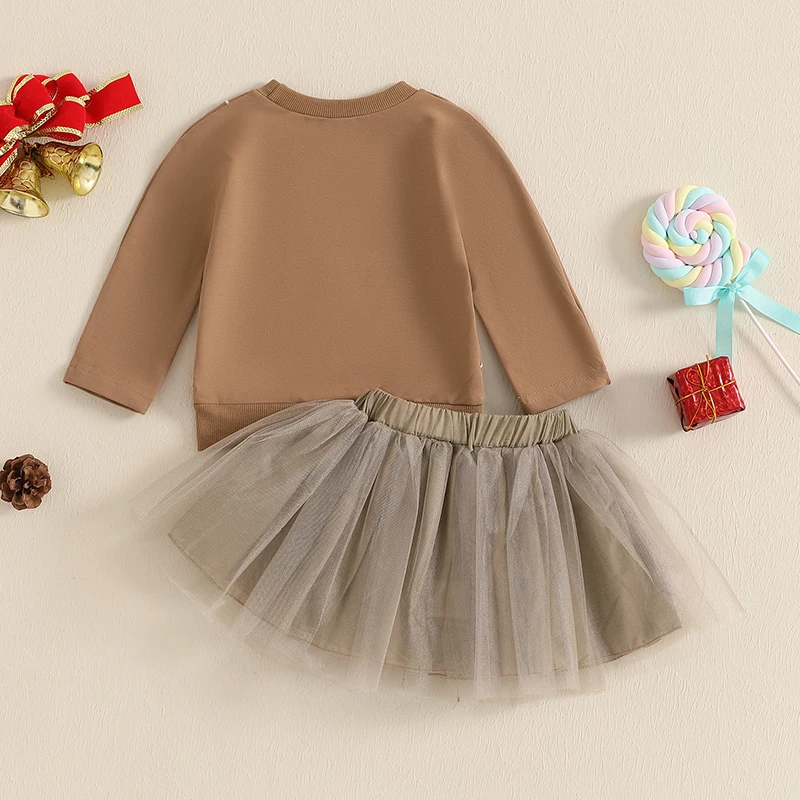 2024-08-23 Lioraitiin Toddler Baby Girl Christmas Outfit Letter Long Sleeve Sweatshirt Elastic Waist Tulle Skirt 2PCS