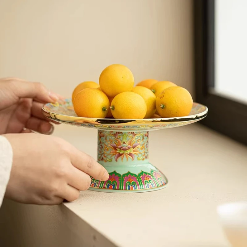 Enamel Ceramic Footed Serving Tray, Hand Painted Fruit & Dessert Platter for Home Decor, Elegant Centerpiece for Dining Table