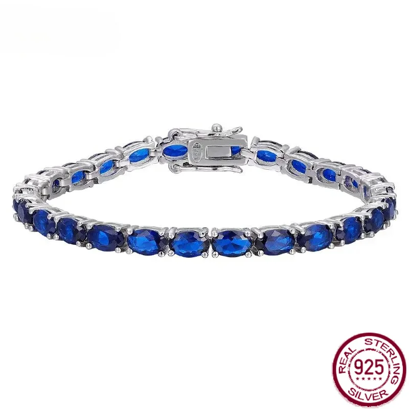 Yaranyan Vintage 100% 925 Sterling Silver Oval Cut Sapphire Gemstone Unisex Basic Bracelet Bangle Fine Jewelry Gift Wholesale