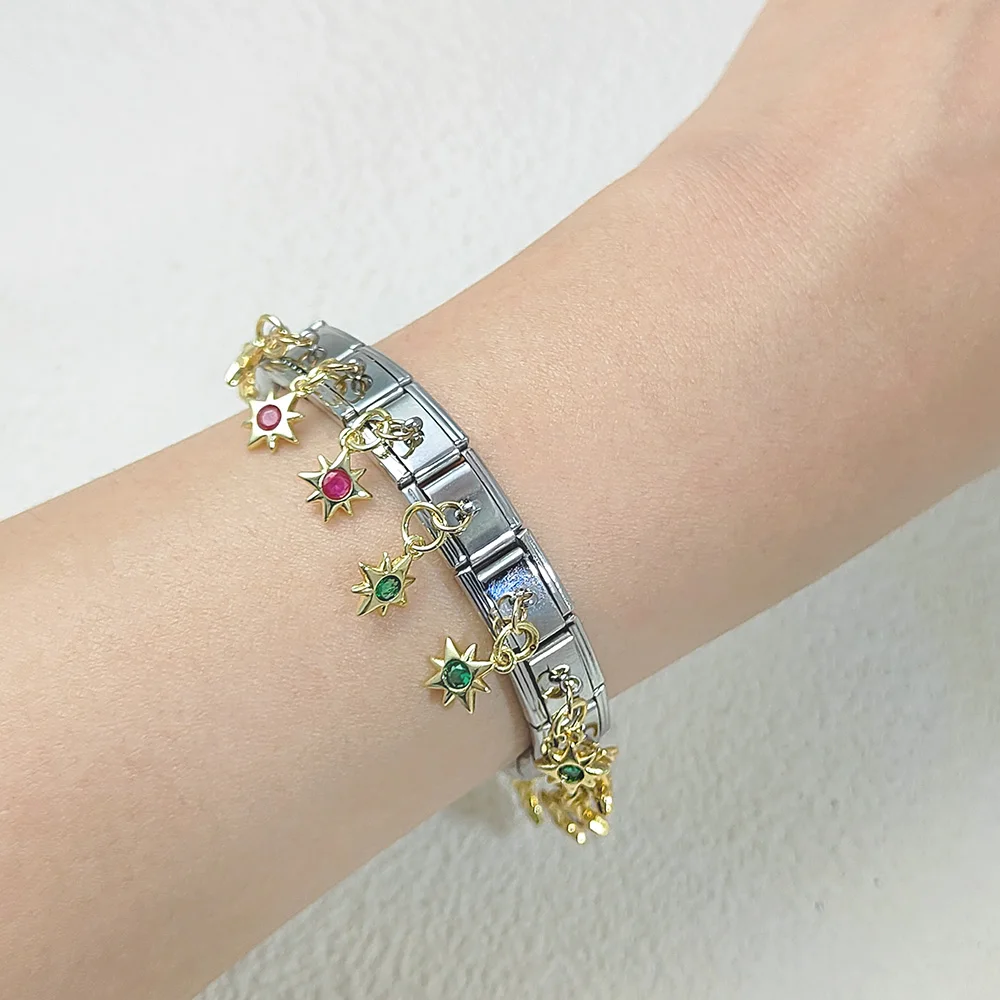 Fashion Cute Mini Star Colorful CZ Pendant Italian Charm Link Fit 9mm Stainless Steel Bracelet Making DIY Jewelry Female Beads