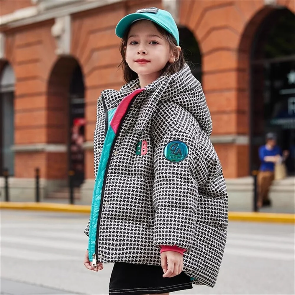 Winter Children\'s Down Jacket Thickened Hooded Girls\' Outdoor Cotton Jacket Thousand Bird Grid Cotton Coat