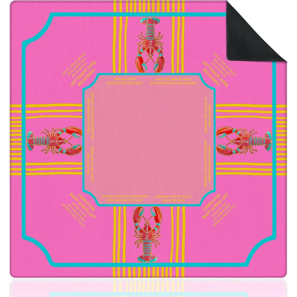 Luxury 3mm Neoprene Mahjong Mat 31.5 Inch Hot Pink Lobster Coastal Yellow Stripes Non-slip Noise Reduction for Card Games