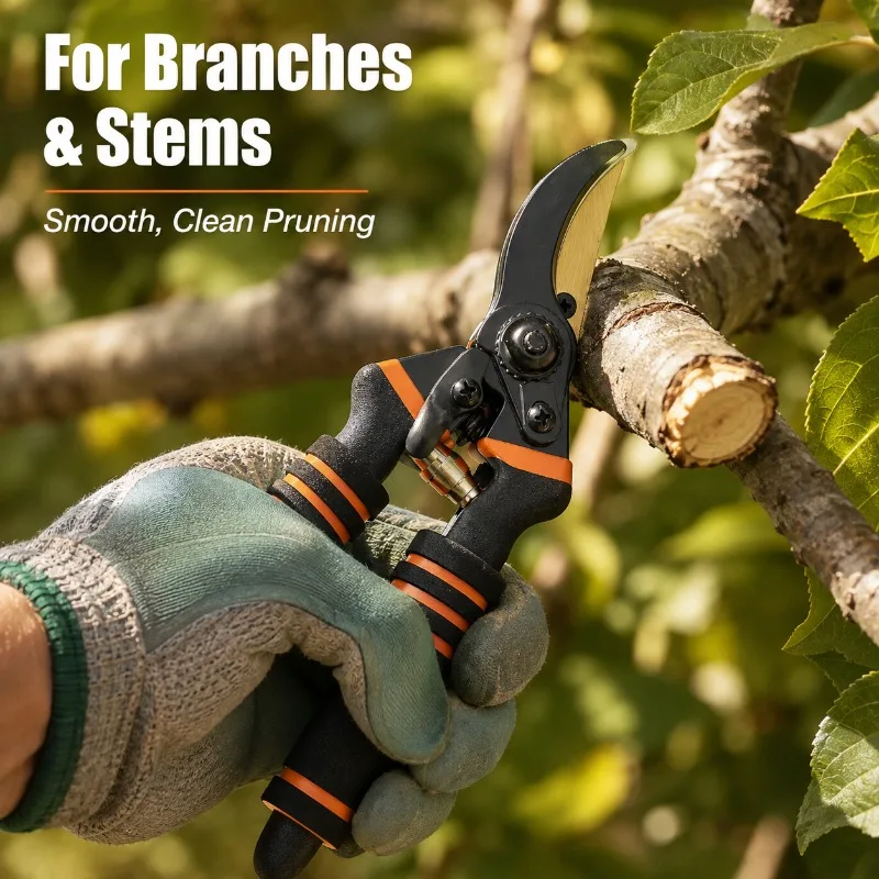 Heavy Duty Garden Pruning Shears for Fruit Tree Branches, Sharp Curved Blade Secateurs with Spring Assist, Lock and Foam Handle