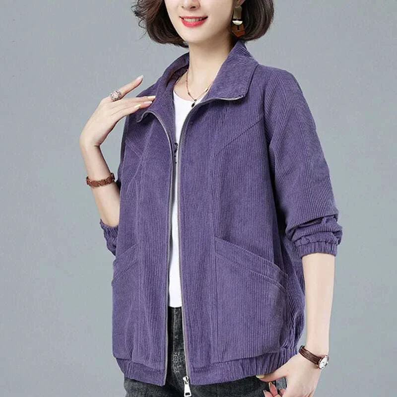 

Spring and Autumn Loose Fitting Casual Fashion Versatile Lapel Zipper Pocket Long Sleeved Solid Color Corduroy Women's Coat B147