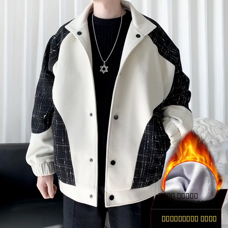 

Мужское утепленное шерстяное пальто в клетку с элементами пэчворка, осенне-зимнее, в британском стиле, молодежное, с длинными рукавами, теплое верхнее пальто