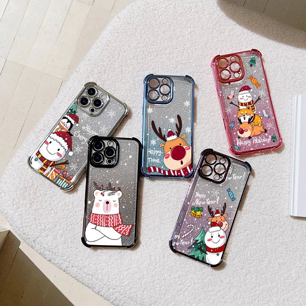 Cartoon Christmas Reindeer Plating Case For Xiaomi Redmi 13C 14C 12C 10C 9A K50 Note 13 12 11 9 4G 5G Shockproof Anti Fall Cover