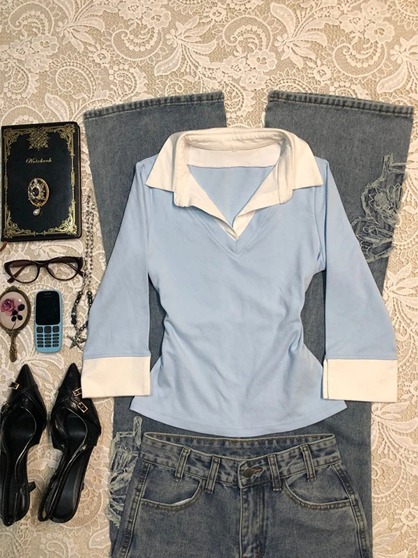 

Женская футболка из двух предметов Blue irt в стиле пэчворк, ранняя весна 2024, новый американский топ в стиле ретро, оригинальный дизайн, для поездок на работу, рубашка из искусственной кожи...