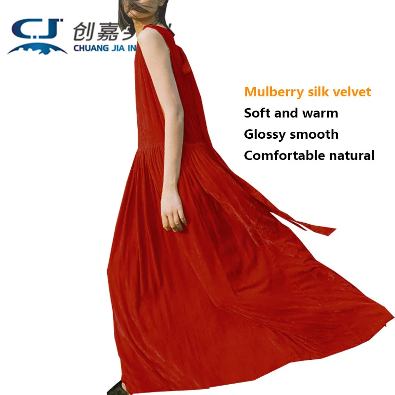 

Original Design Spring Summer Lady Plant Dyed Mulberry Silk Velvet Streamer Sundress Niche Draping Pleated Dress Good Quality