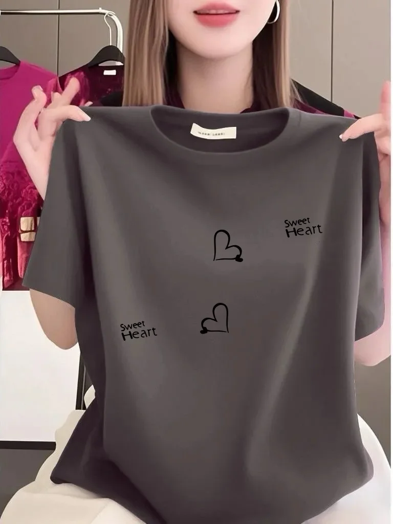 

Повседневная женская футболка с коротким рукавом и принтом в виде сердечек, свободного кроя, с круглым вырезом, модная, простая, летняя, больших размеров, из полиэфирного волокна