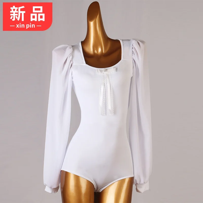 

Bubble Sleeves Modern Square Neck National Standard Social Latin Dance One Piece Top New Product