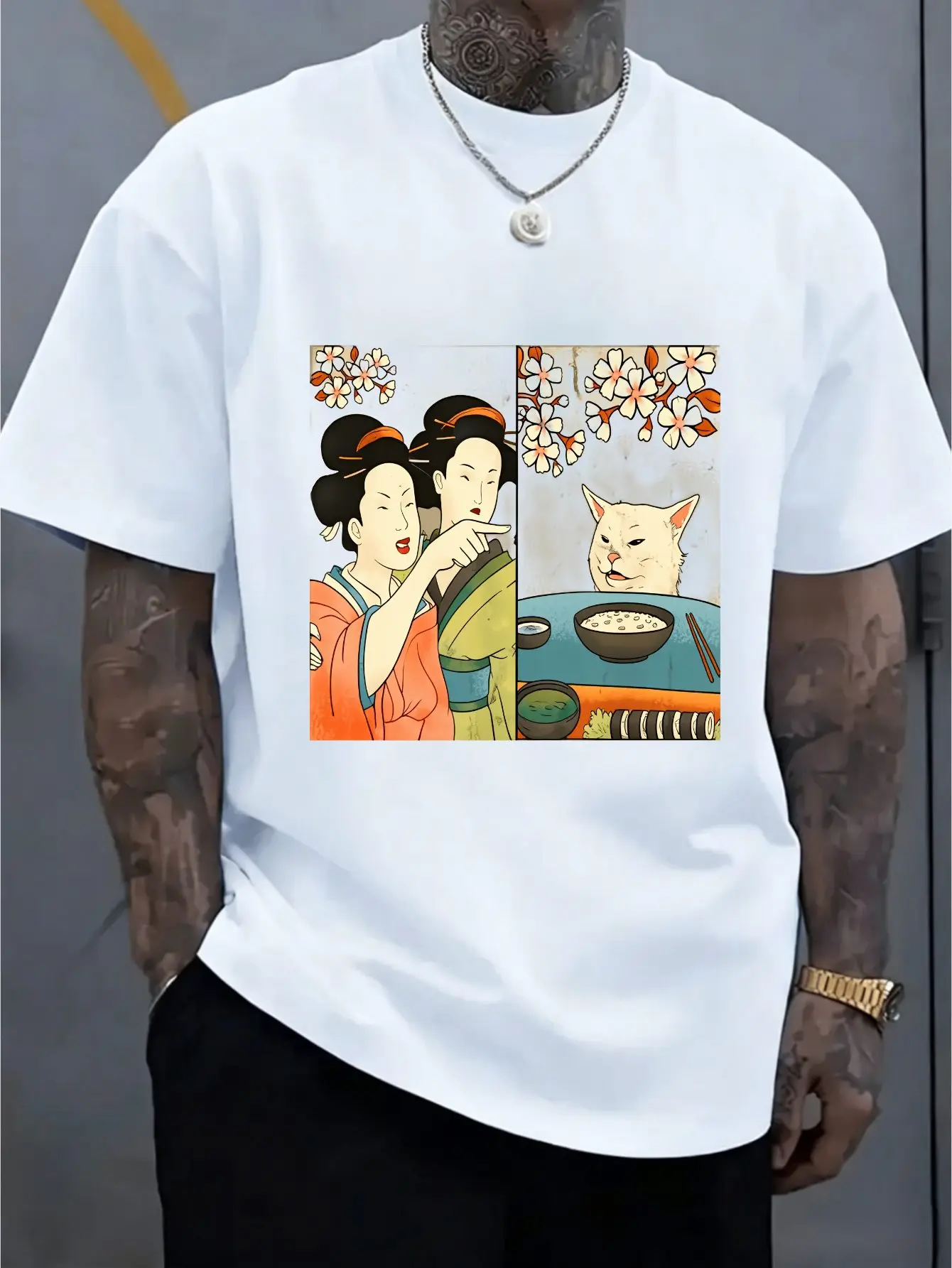 Men Soft Cotton Crew Neck Tee Vintage Ukiyo E Geisha Pointing At Table Cat Meme Cherry Blossom Print Loose Japanese Street Tops