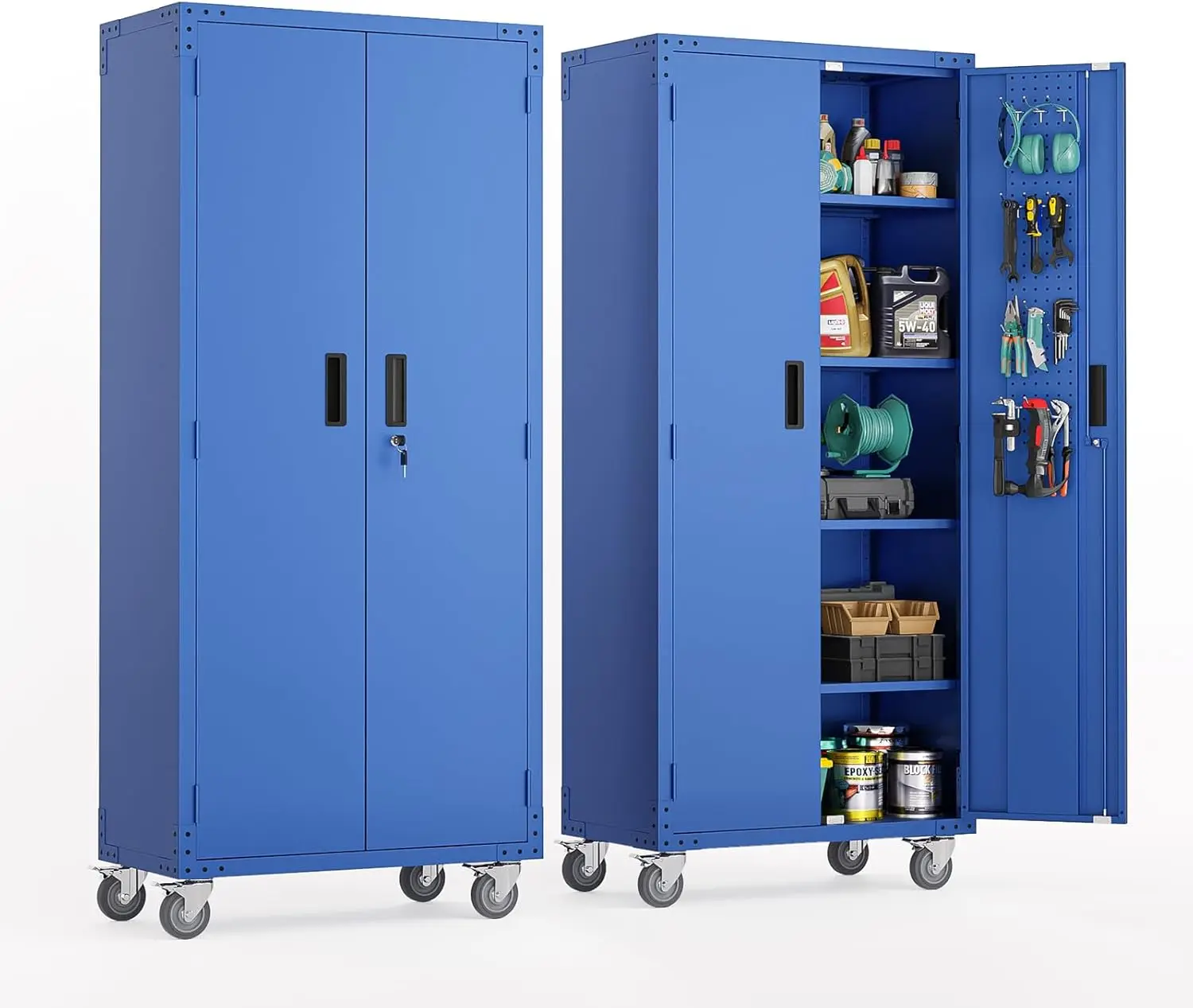 72'' Tall Metal Garage Storage Cabinet with Pegboards, Wheels, Locking Doors and Adjustable Shelves, File Cabinet