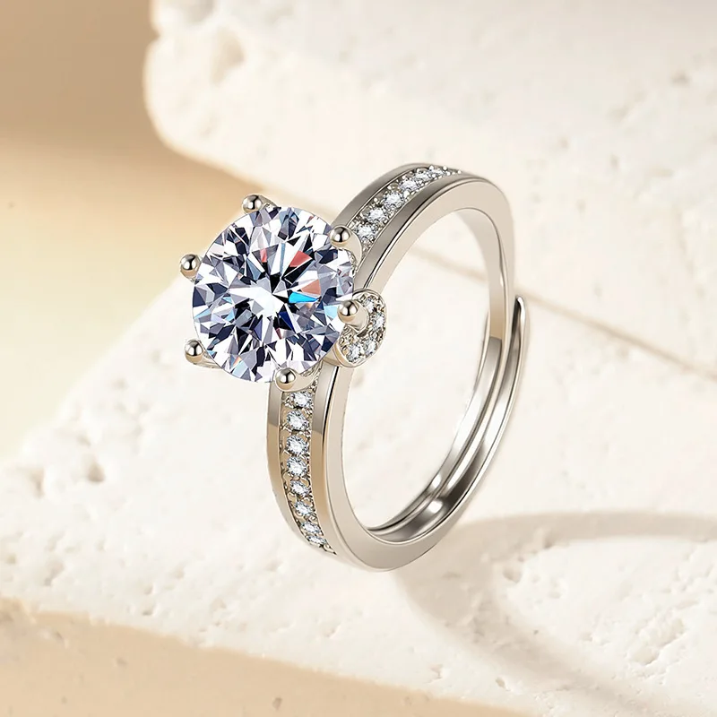 Elegant Bridal Round Cut Zirconia Open Ring Pavé Side Crystal Stone Silver Plated Ring for Women Anniversary Date Jewelry Gift