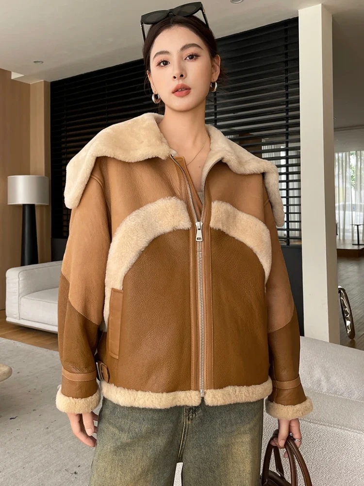 

Luxury Merino Fur Genuine Leather Jacket for Women 2024 New Contrast Color Design Navy-collar Warm Winter Real Fur Coats