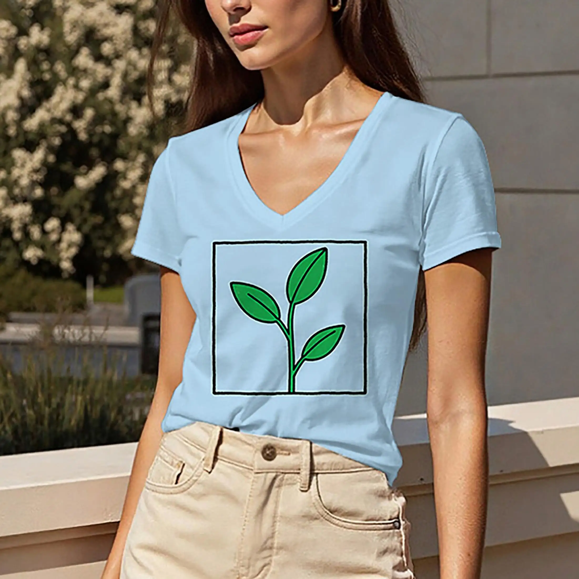 T-shirt z krótkim rękawem i dekoltem w serek o regularnym kroju, letnia odzież damska, standardowa długość, damski top z wzorem liści.