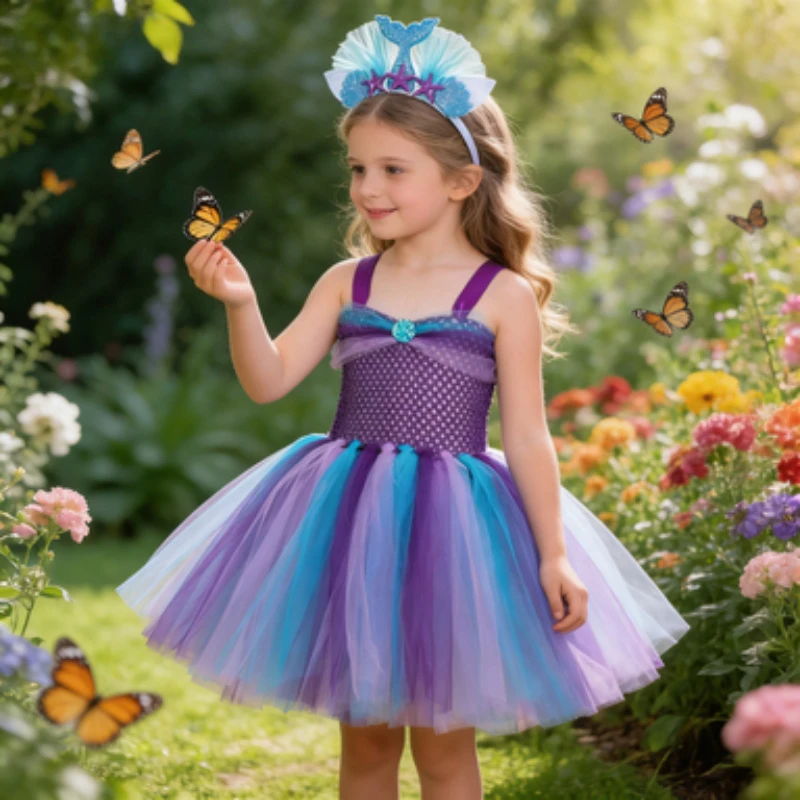 Kids  American Mermaid Mesh Princess Tutu Dress, Hand-Tied Fluffy Performance Clothes with Headwear for Girls Party Festival