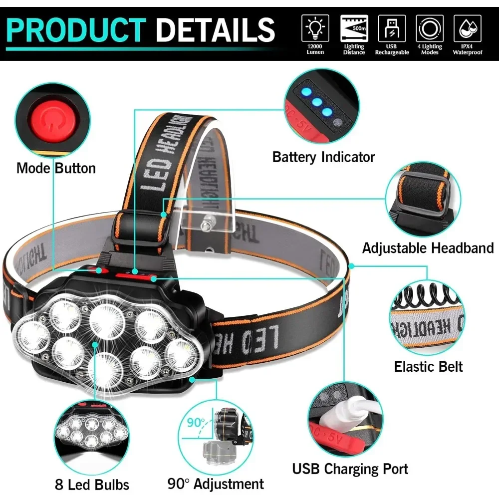 USB قابلة لإعادة الشحن 8 كشافات ليد ، فائق السطوع ، مثبت على الرأس ، مصباح يدوي قوي ، بطارية مدمجة ، تخييم خارجي ، مصباح صيد ليلي