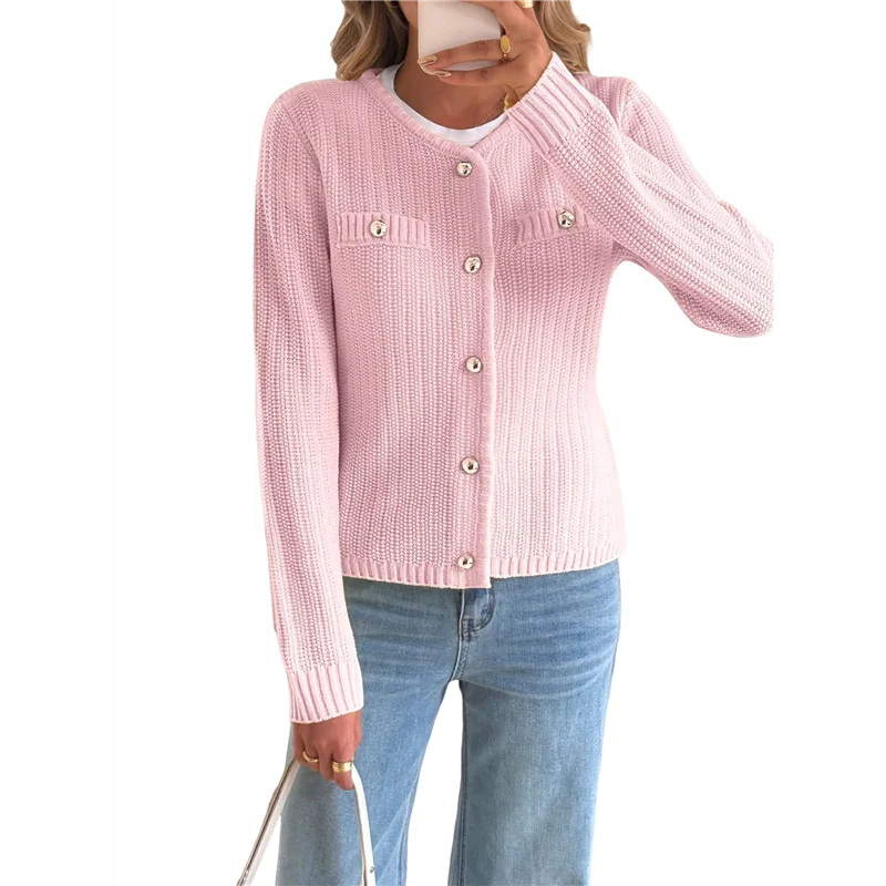 D9-سترات صوفية نسائية متماسكة أوائل الخريف بأكمام طويلة مفتوحة من الأمام وزر سفلي سترة قصيرة عصرية غير رسمية