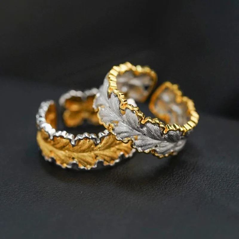 Italian Style Leaves Pattern Gingko Leaf Hollow Rings Opening Finger Ring Vintage Brushed Ring For Women KOFSAC