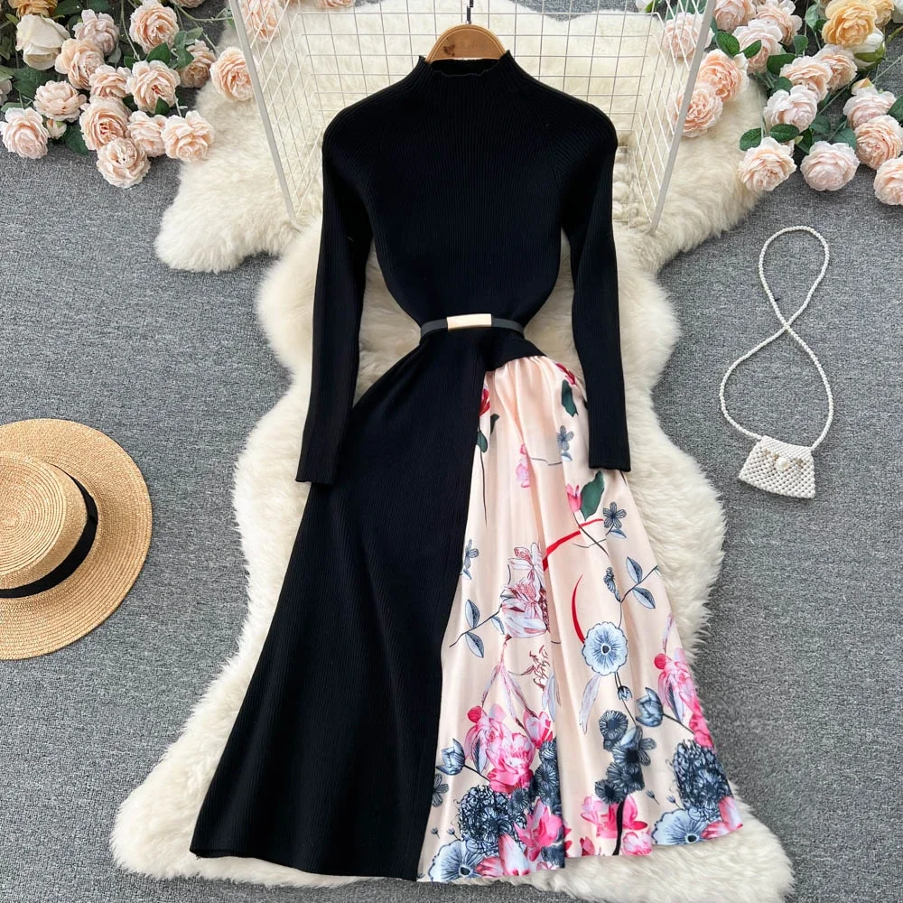 Elegant Chic Print Patchwork Knit Dress French Long Sleeve Party A-line Vestidos High Waist Basic Slim Women Autumn Winter Dress