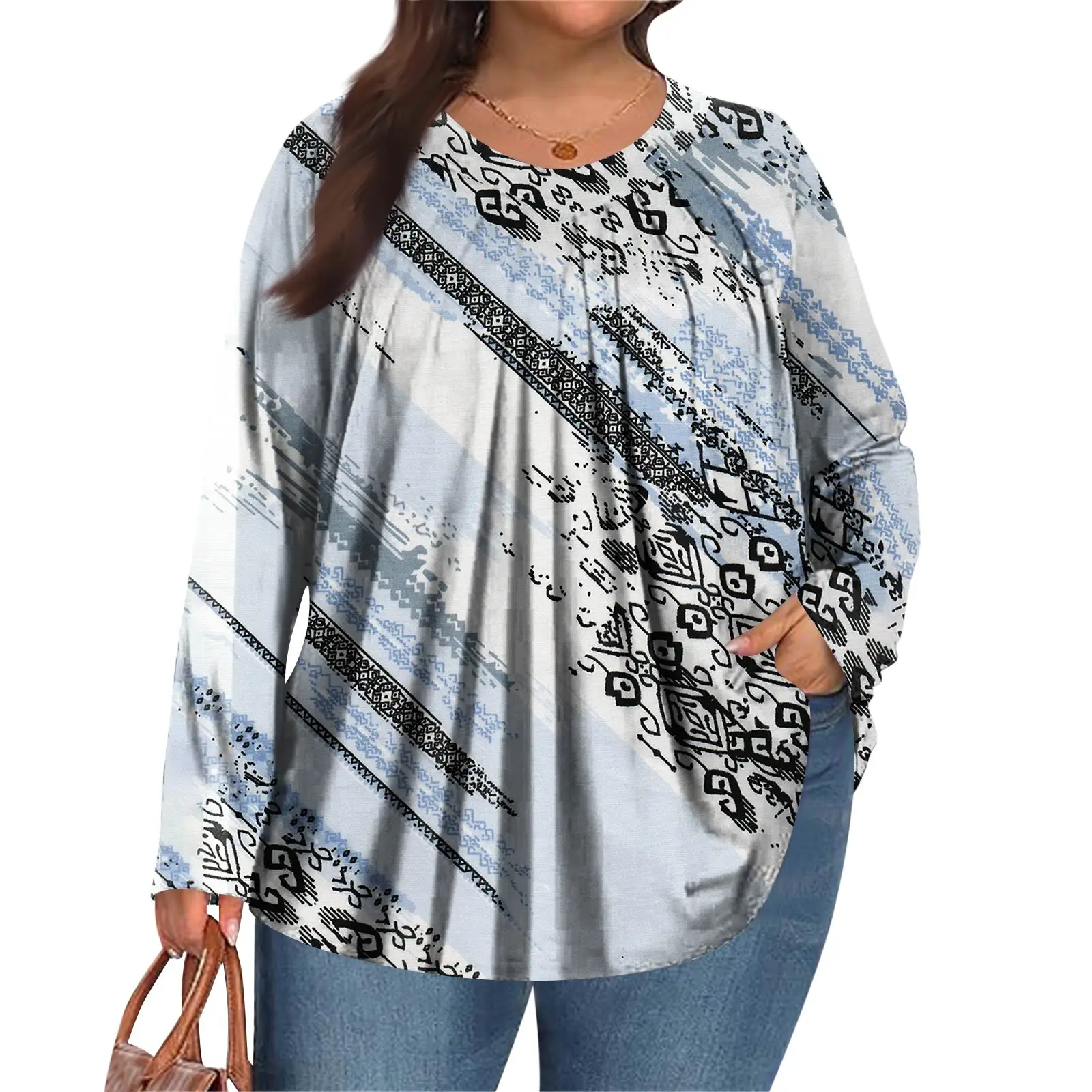 Plus Größe Langarm Top für Frauen Mode Retro Floral Print Plissee Rundhals T-shirt Weibliche Casual Herbst Basis Shirt