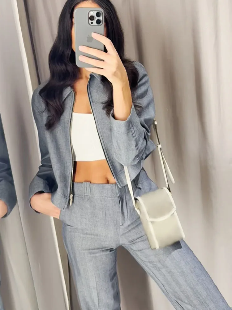 

HH Autumn Women 2-Piece Set Chic Zipper Lapel Long Sleeves Short Jacket+High Waist Side Pocket Casual Loose Brown Trousers