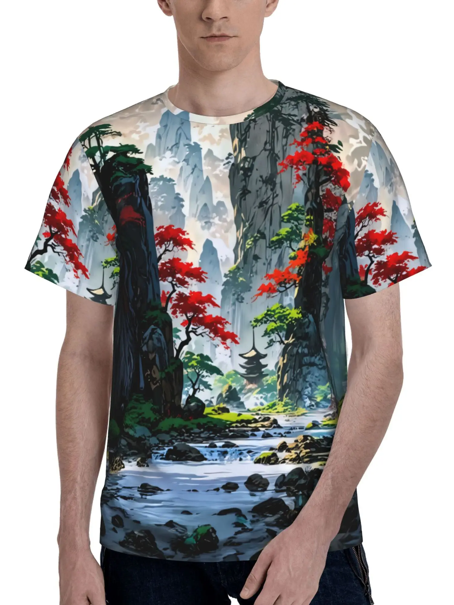 Men's Crew Neck Tee 3D Mountain Maple Pagoda Stream Landscape Print Casual Tops