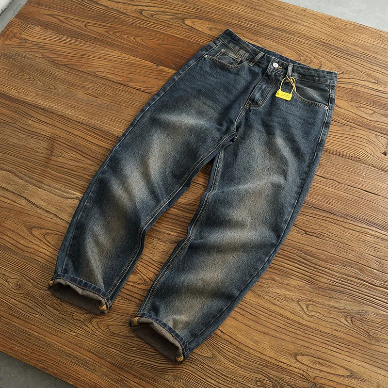 

Мужские джинсы больших размеров (42), в американском ретро-стиле, модные, с эффектом потертости, свободного кроя, прямые, зауженные, из денима, на все сезоны, повседневная одежда