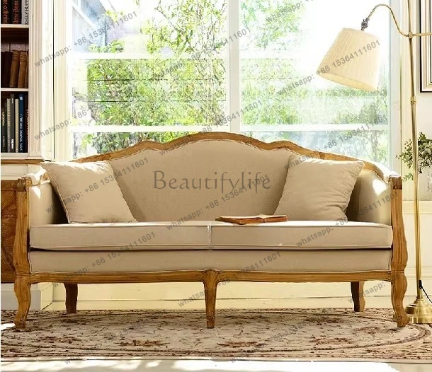 American neoclassical solid wood double sofa French country old carving retro