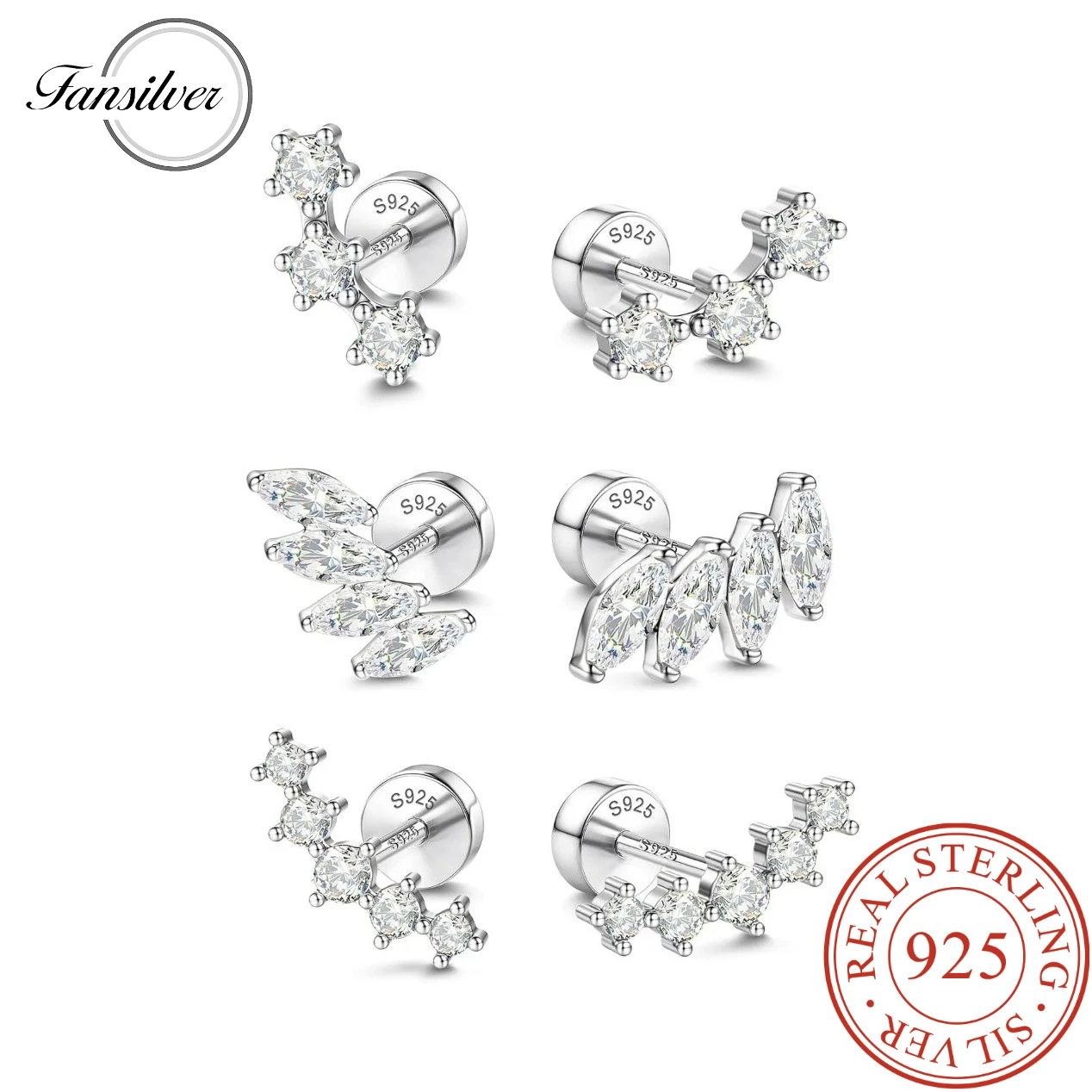 

3 Pairs 925 Sterling Silver Flat Back Earrings Stud Cartilage Lobe Helix Conch Piercing Jewelry CZ Earring Set for Women Men