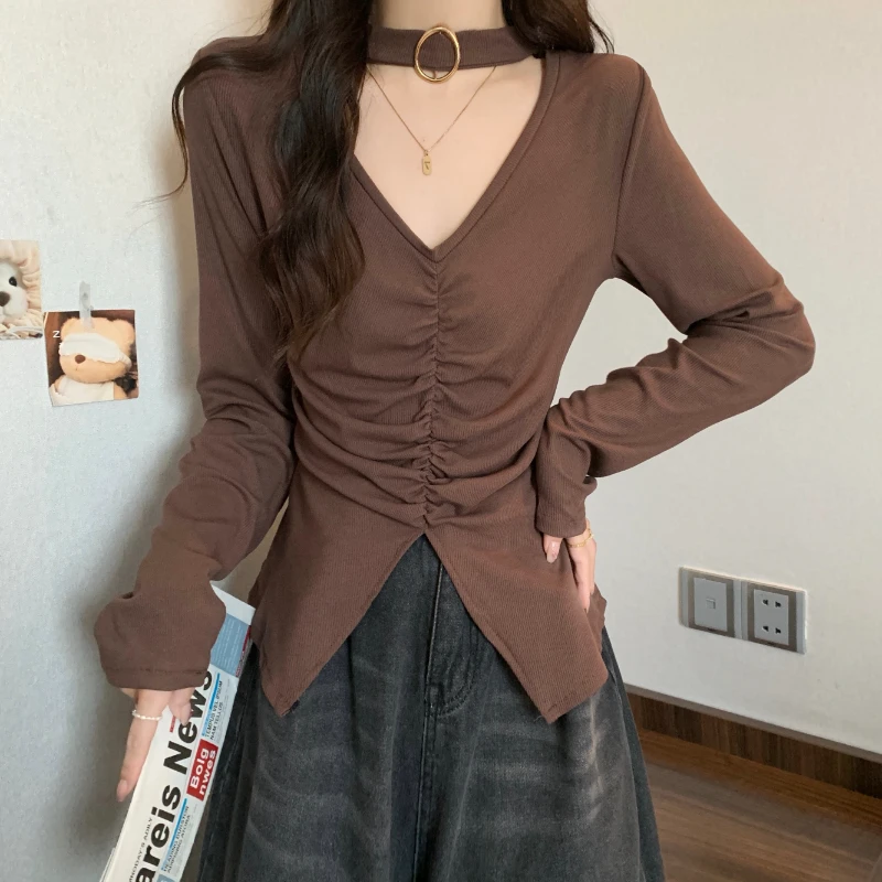 Women T-shirt Design V-neck Sweet Versatile Slim Pleated Tops Thin Long-sleeved Sweet Solid Color Blouse Female