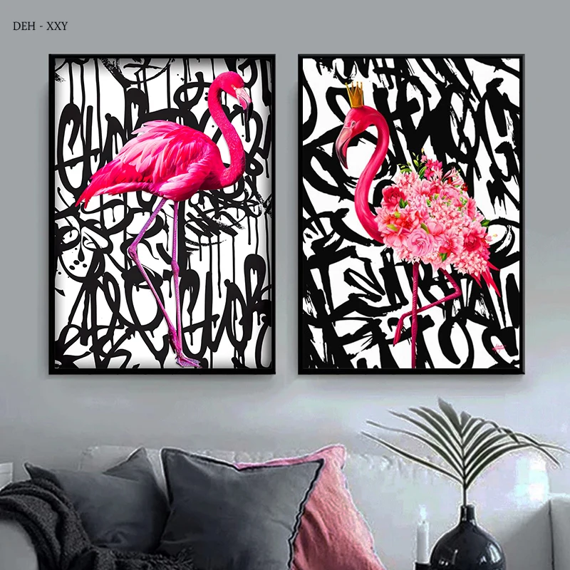 

Abstract Animals Posters Flamingo Graffiti Art Canvas Painting Flamingo Lovers Wall Art Pictures for Living Room Home Decoration